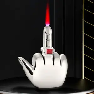 Funny Middle Finger Torch Lighter with Fuk You Voice Windproof Jet Flame, Copper, Refillable Butane Lighter, Ideal for Smoking Accessories Sliver