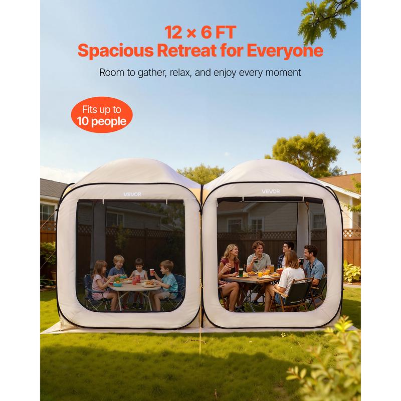 VEVOR Screen House Tent, 12 x 6 ft, 2 in 1 Pop Up Screen Tent, Portable Screened in Canopy with Carry Bag, Netting Sides, Ground Stakes, for Garden, Patio, Backyard, and Outdoor Activities, Beige