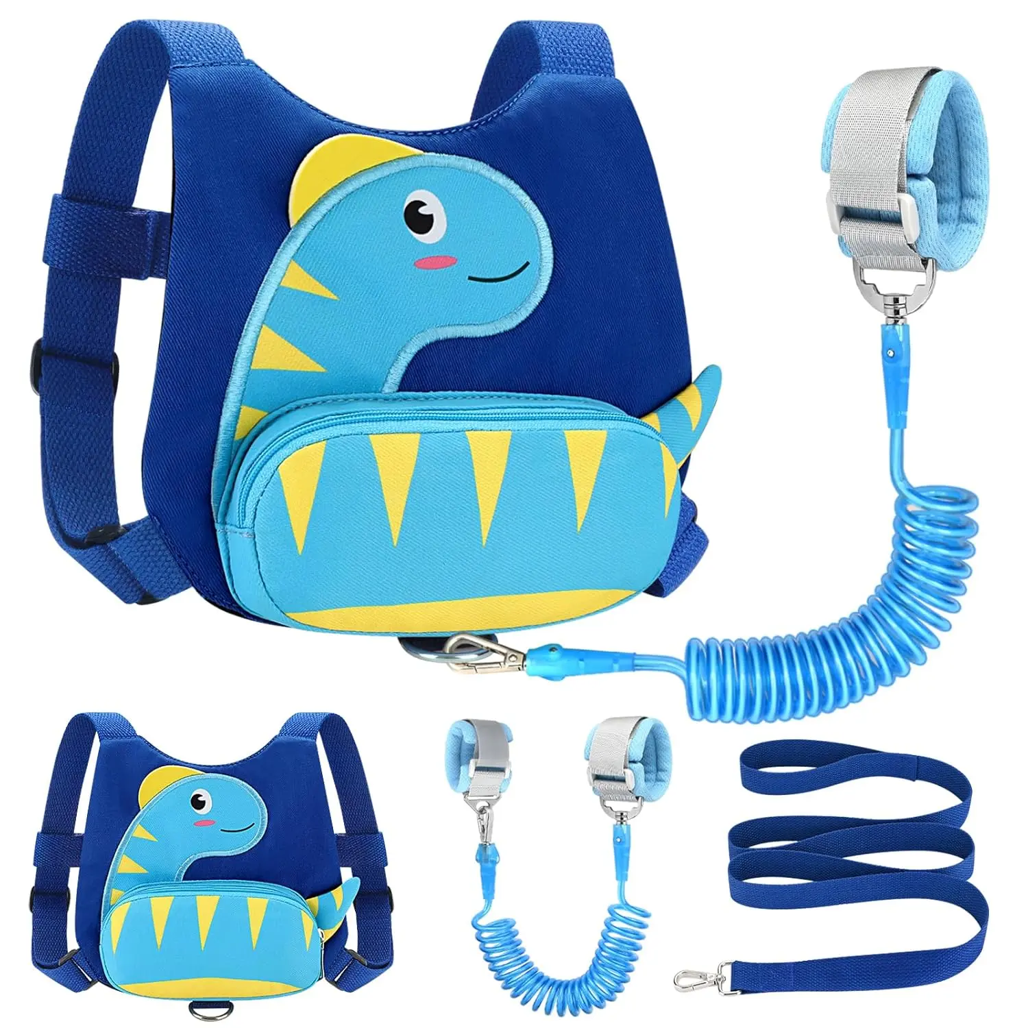 X-LWL02  Toddler Harness with Leash, Cute Dinosaur Kids Harness + Anti Lost Wrist Link, Mini Child Harness Leash Wristband Strap Belt Protector for Baby Boys Girls to Outdoor Travel (Blue)