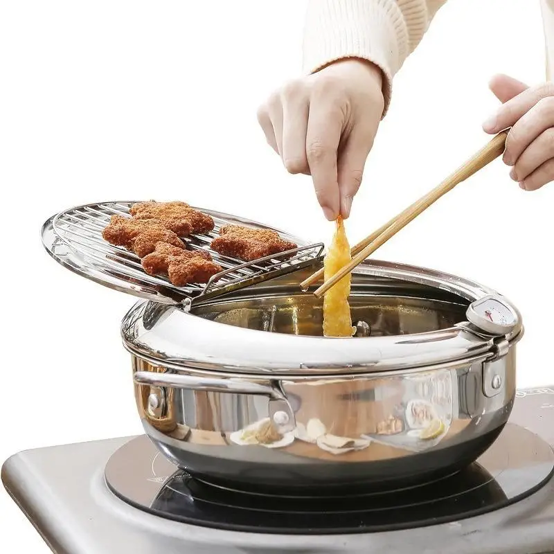 Stainless Steel Oil Pan with Temperature Meter, 1 Count Household Tempura Oil Fryer, Small Oil Saving French Fries Frying Pan, Kitchen Utensils, Cooki