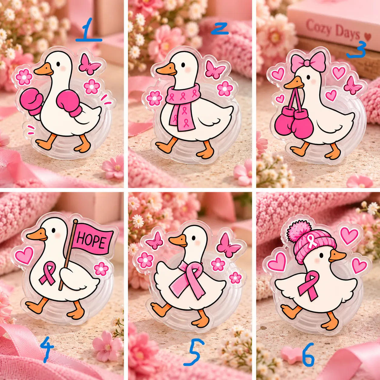 Pink Ribbon Duck Magnetic Phone Grip, 6 Cute Duck Styles Acrylic Phone Holder with Kickstand, Hope Awareness Phone Accessory, Support Gift