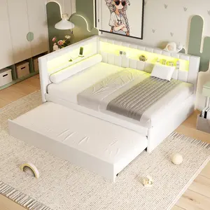 Full Size Upholstered Daybed with Trundle & Bookcase Headboard, L-Shaped Corner Bed with LED Belt, USB Charging Station, Linen Upholstered Day Bed Frame with Storage for Teens, White