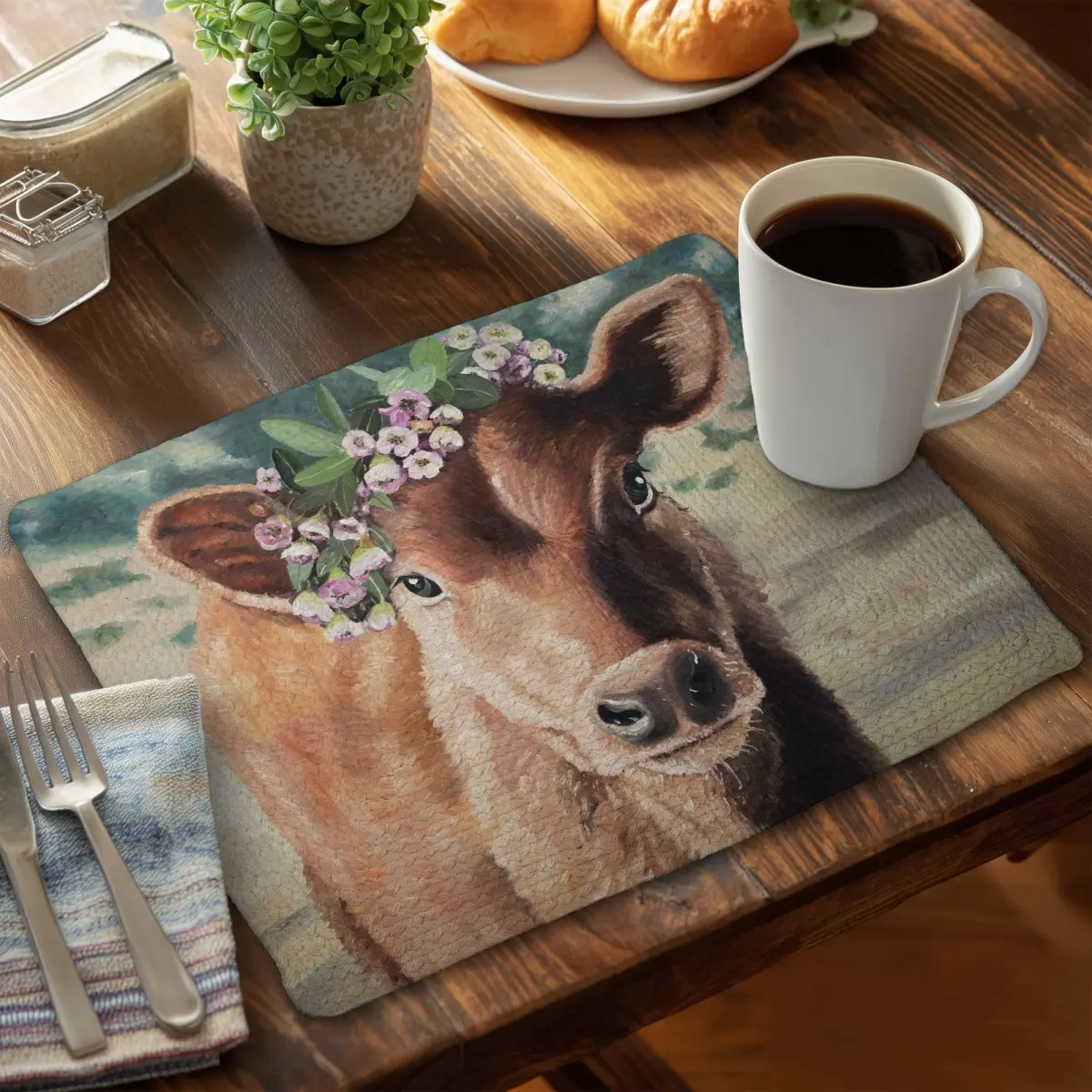 360 stand Rectangular Cow Print Placemats - 4-Piece Braided Polyester Set, 14x18 in Cute Jersey Cow Design, Easy Clean, for Home Decor, Kitchen Tableware Aesthetics & Coasters Use, Coasters Home Decor, Coasters For Drinks