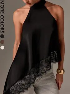 1 Piece Women's Black Satin Halter Neck Top, Asymmetric Lace Hem, Flowy Fit for Romantic Evening Outfits Elegance