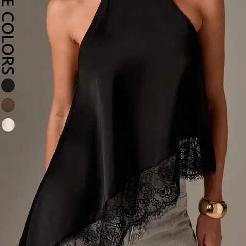 1 Piece Women's Black Satin Halter Neck Top, Flowy Fit Asymmetric Lace Hem Top for Romantic Evening Outfits Womenswear Elegance