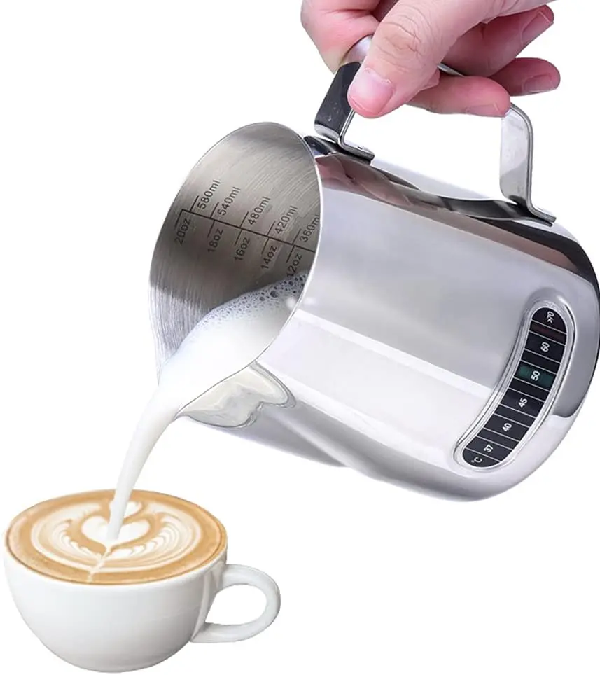 12oz/350ml Stainless Steel Milk Frothing Pitcher with Integrated Thermometer & Handle, Kitchenware for Home Cafe & Tea/Coffee Preparation