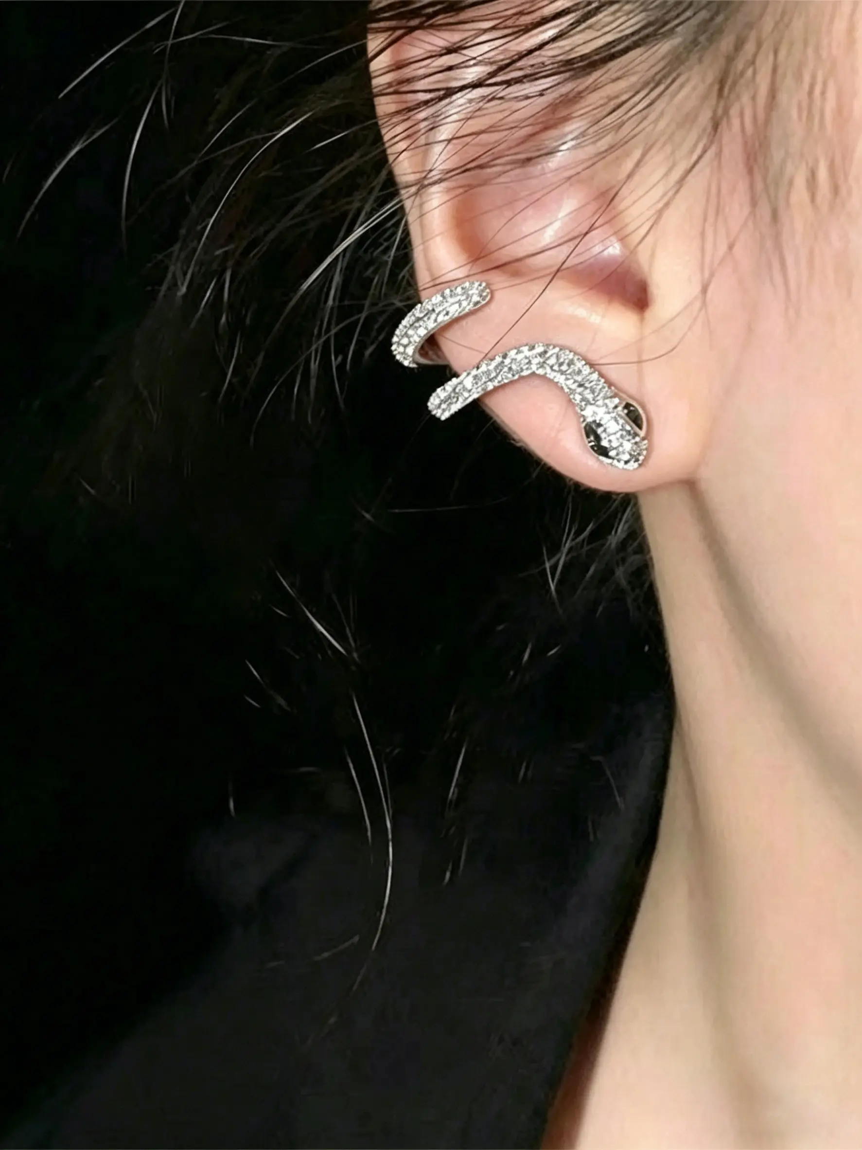 Cool Snake Shape Rhinestone Earrings, Unique Trendy Style, Alloy Silver Color, Full Zircon Stone Inlay, 3D Snake Design, Daily Wear Jewelry