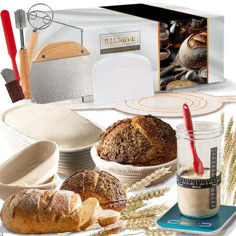 Sourdough Starter Kit for Beginners – Complete Bread Making Set w/ Banneton, Jar, Tools & Step-by-Step Guide | Illumive