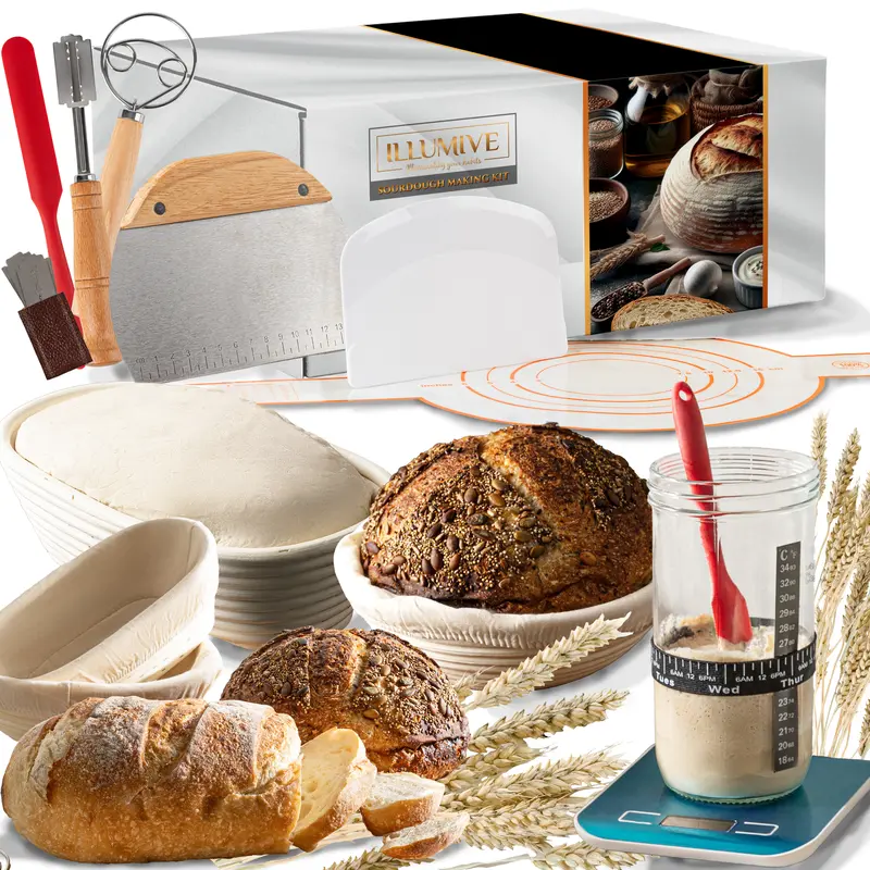 Sourdough Starter Kit for Beginners – Complete Bread Making Set w/ Banneton, Jar, Tools & Step-by-Step Guide | Illumive