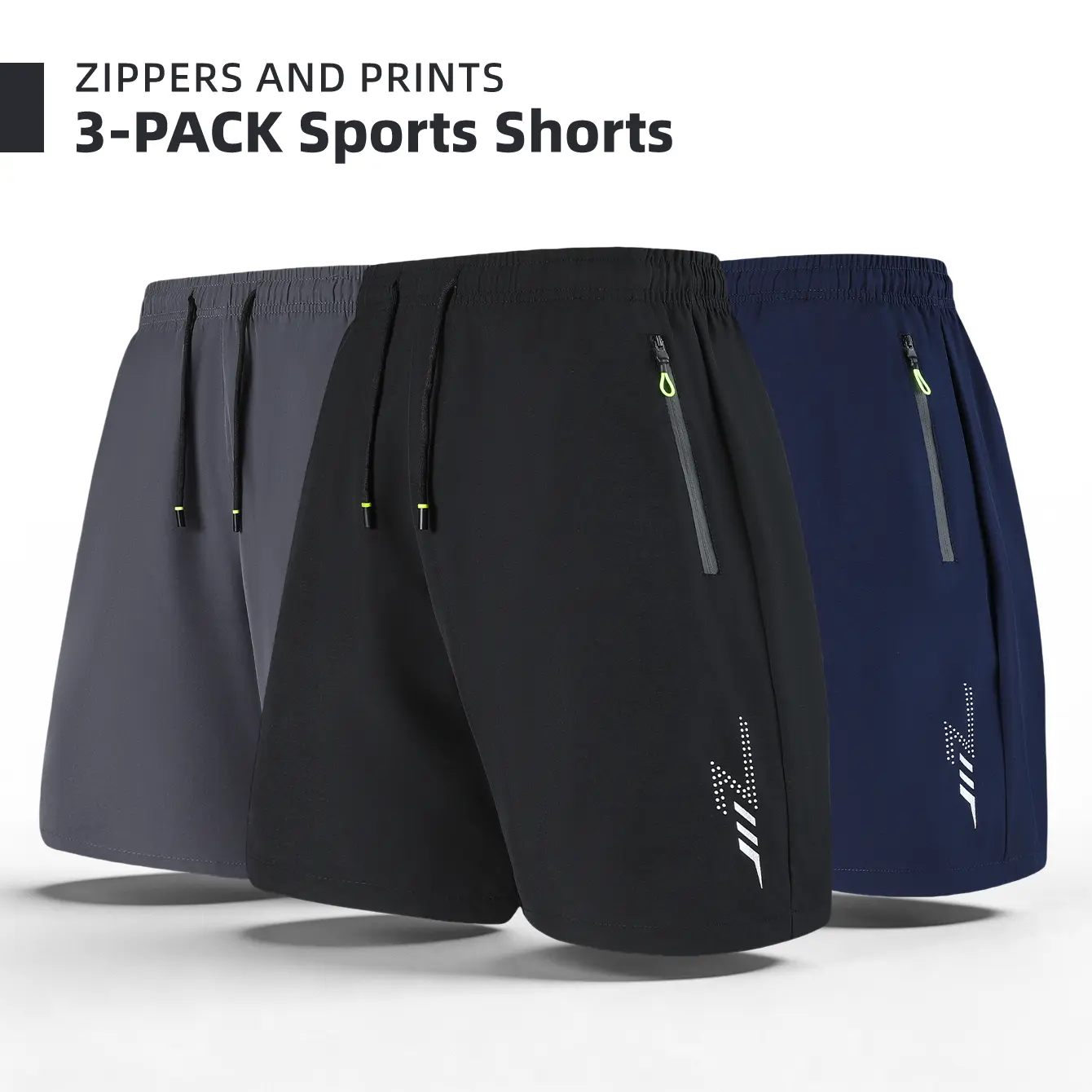 Men's 3-Pack Zipper Pocket Sports Shorts, with Reflective Prints, Drawstring Elasticated Waist, Zipper Side Pockets, Casual Shorts for Both Sports and Daily Wear Men's 3-Pack Zipper Pocket Sports Shorts, with Reflective Prints, Drawstring Elasticated Waist, Zipper Side Pockets, Casual Shorts for Both Sports and Daily Wear