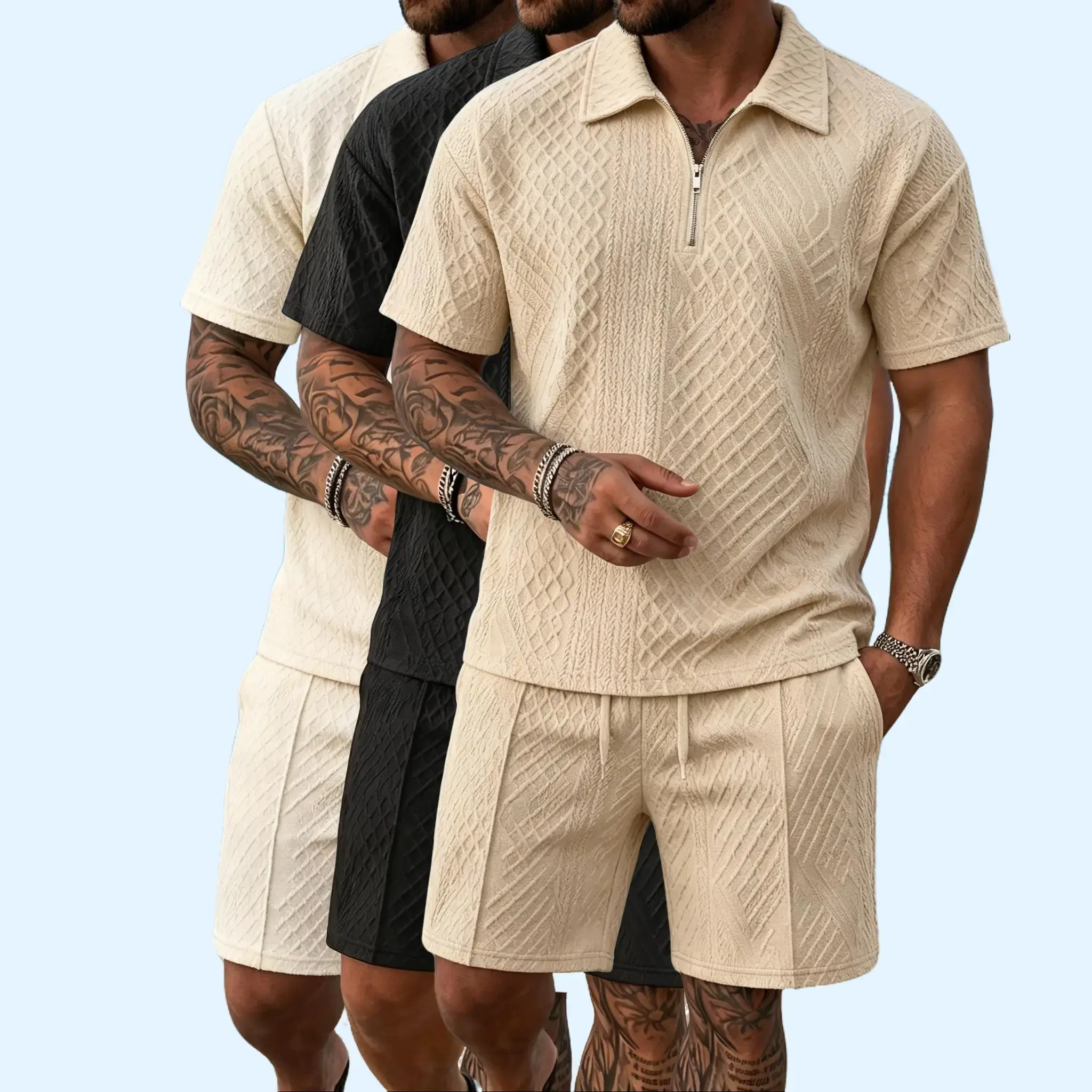 Men's Beach 2 Piece Outfit, Textured Half Zip Polo Shirt and Drawstring Shorts, Stylish Streetwear Summer Two Piece Set for Vacation Daily Wear and Street Looks Tropical Clothes