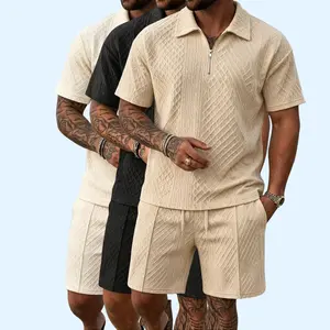 Men's Beach 2 Piece Outfit, Textured Half Zip Polo Shirt and Drawstring Shorts, Stylish Streetwear Summer Two Piece Set for Vacation Daily Wear and Street Looks
