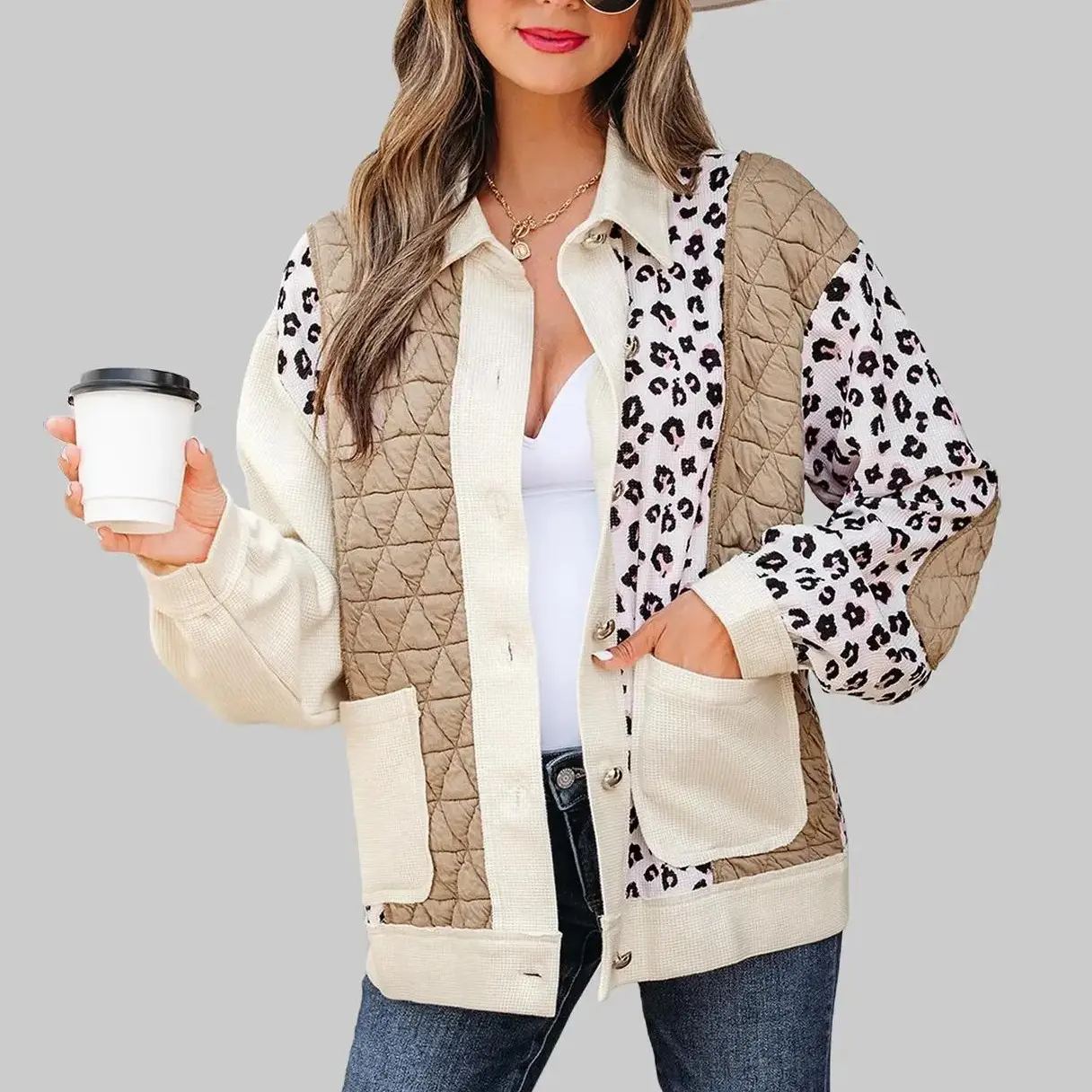 Women's 60% Cotton 40% Polyester Casual Leopard Print Patchwork Coat - Long Sleeve, Baggy, Waffle Quilted, Collared, Button-Front Jacket for Everyday Wear,sohochic