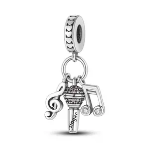 MULA 925 Silver-plated Musical Note and Microphone Pendant | Shiny Zirconia Jewelry | An Elegant Gift for Singers and Music Lovers | Fits Pandora Bracelets and Necklaces