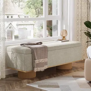 LITTLE TREE 50.39" Storage Bench with Padded Seat Cushion, Upholstered Shoe Bench with Flip Up Storage for Bedroom, Living Room, Entryway, Load up to 330 lb, Beige + Wood Color