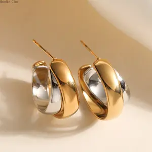 Women's 18K Gold-Plated Stainless Steel 2-Tone C-Shaped Minimalist Hoop Earrings - Lightweight Geometric Fashion Jewelry for Daily Wear, Gift Idea (DIY Bag Accessory)
