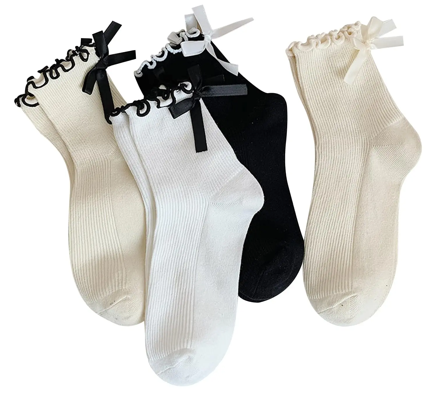 Women's & Girls' Ruffled Bow Crew Socks, 4-Pair Soft Breathable Cotton Socks, Fit & Comfortable Casual Black White Fashion Accessories Set
