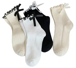 Womens Bow Socks Ruffle Casual Crew Black Whitte Soft Breathable Cotton 4 Pairs Socks