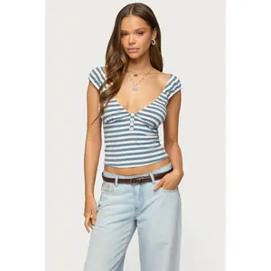 Aina Striped V Neck Henley Top