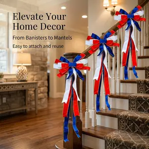 Patriotic Velvet Bow with Edge, 4th of July Blue Wreath Bow, Front Door, Porch & Wall Decor for Independence Day Decoration