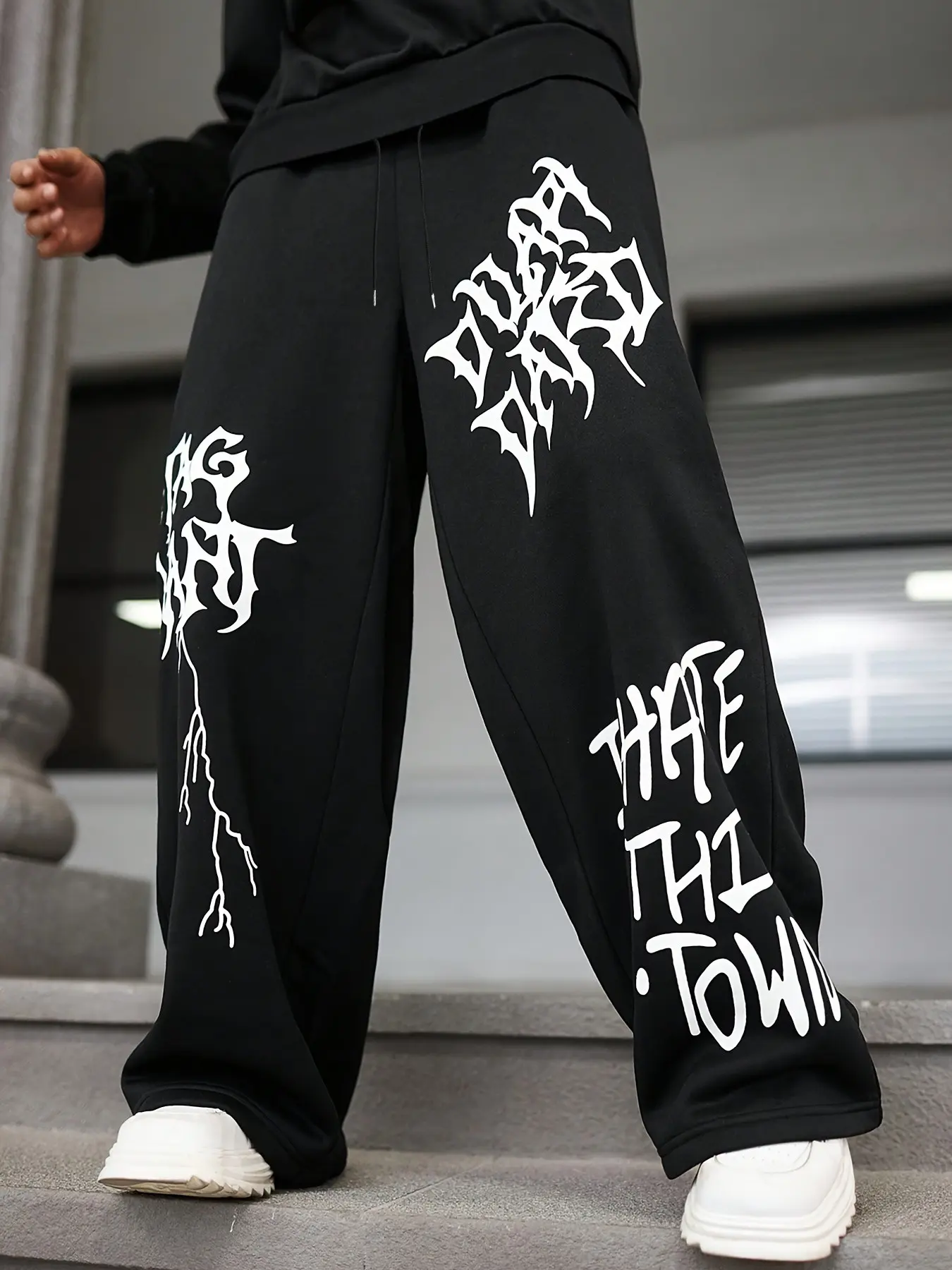 Aesthetic Hip Hop Baggy Sweatpants - Graphic Print Wide Leg Joggers (Lightning & Gothic Text) - Urban Streetwear Trousers for Dance, Gym, and Casual Wear