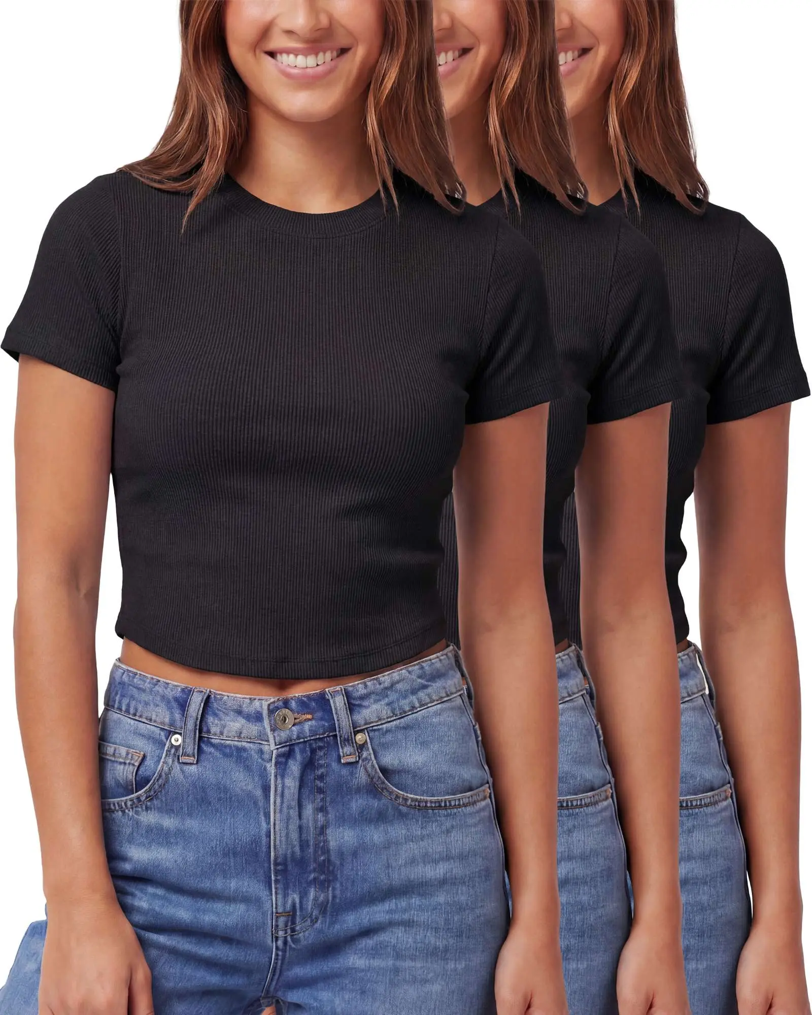 Real Essentials 3 Pack: Women's Cropped Cap Sleeve Ribbed Cotton T Shirts Crop Tops Crew Neck Tees Casual Summer Spring Tops Basic Shortsleeve