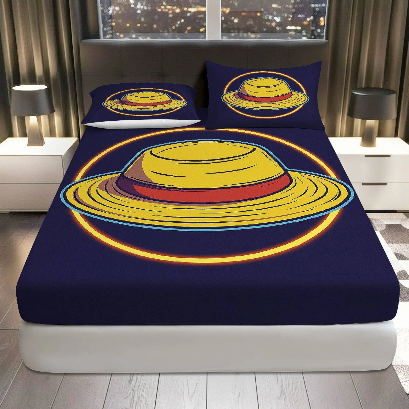 3Pcs Straw Hat  Anime Fitted Sheet Three Piece Set (1*Fitted Sheet+2*Pillowcases, Coreless), Theme for Anime Lovers, Soft Breathable Bedding Set, Mattress Protector for Bedroom, Guest Room