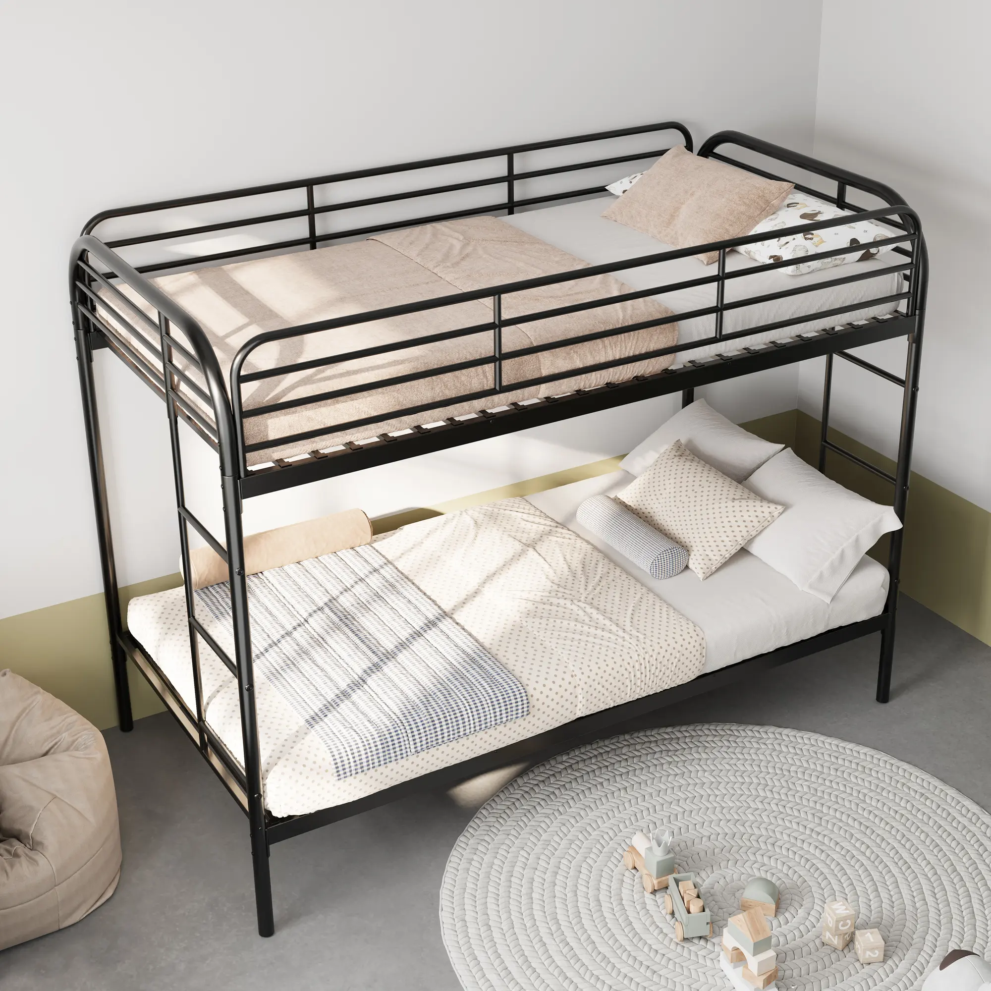 Metal Bunk Bed Twin Over Twin, Heavy Duty Bunk Beds with 2 Ladders and Full-Length Guardrai, No Box Spring Needed, Easy Assemble, Black/White/Bule/Pink/Green