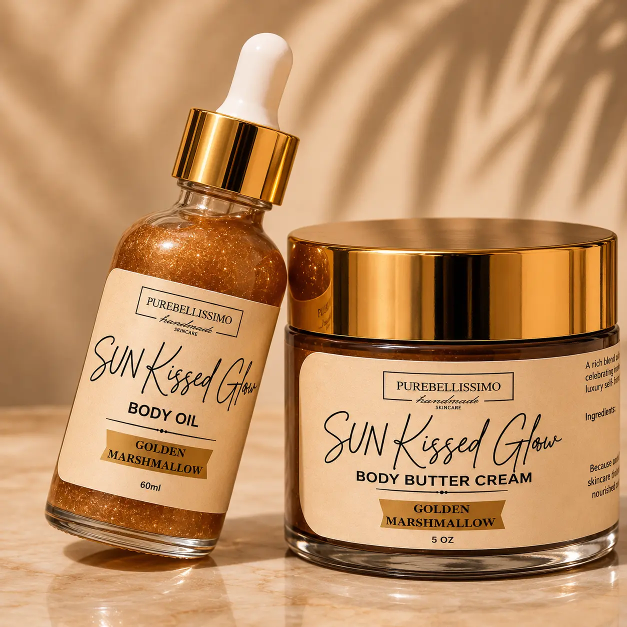 PureBellissimo Sun Kissed Glow Body Butter Bronzer & Shimmer Oil Set - Golden Marshmallow Scent, Hydrating Bronze Glow Body Moisturizer Kit