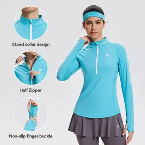 AFZ Women‘s Letter Printed Solid Half Zip Mock Neck Sports Sweatshirt, Quick Dry Casual Long Sleeve Thumb Hole Design Sports Outerwear