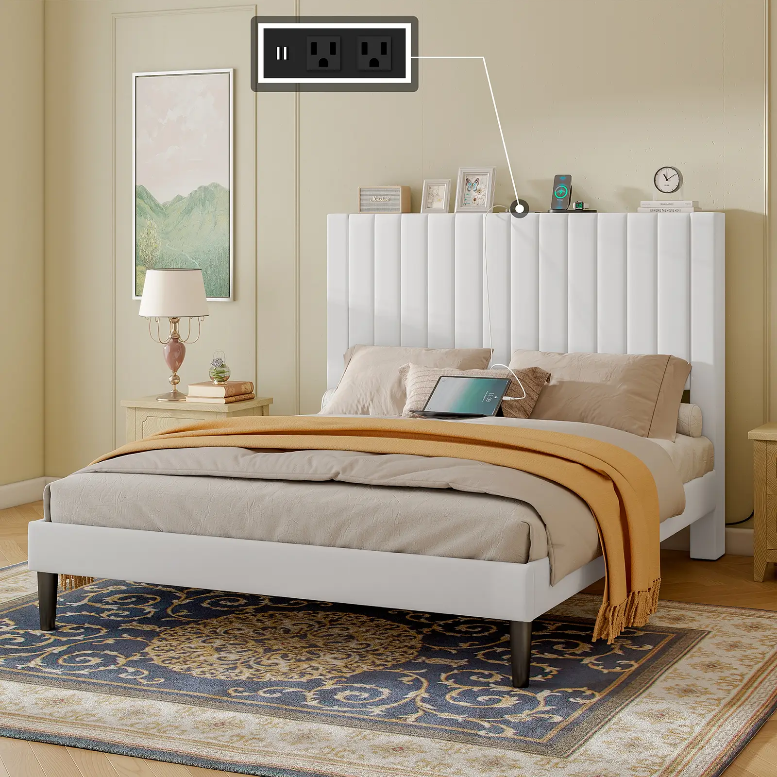 AMERLIFE Bed Frame Velvet Upholstered Tufted Headboard with Charging Station, Mattress Foundation, Box Spring Optional