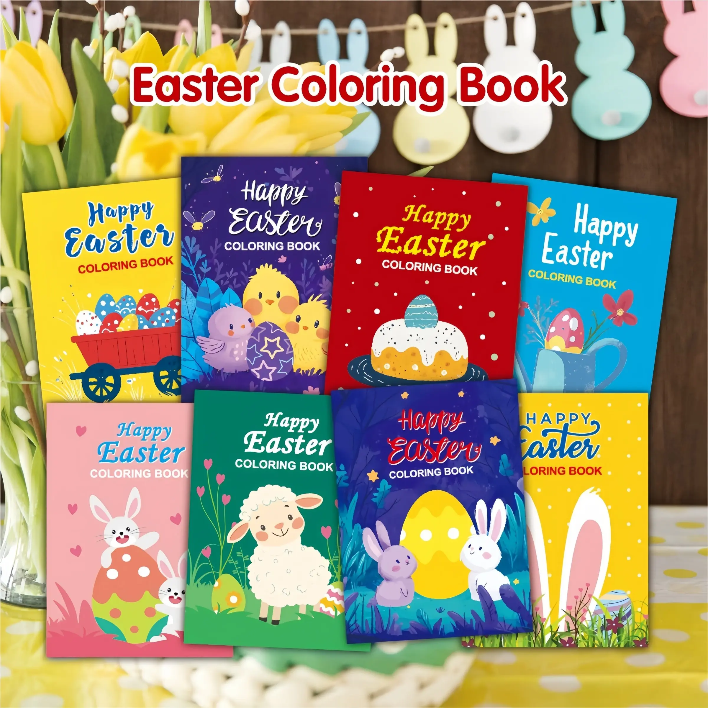 8-Piece Easter Themed Coloring Book Set, Kids Cartoon Answer Game Coloring Book Drawing, Holiday Party Easter Color Book