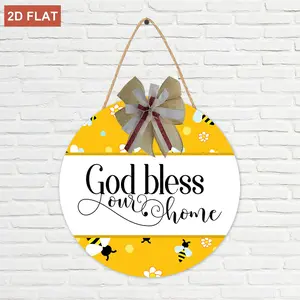 God Bless Our Home Wall Decor, Rustic Cute Bee Pattern with Chamomile Flowers Wooden Door Hanger Signs, Farmhouse Blessed Home Wall Decor Round Wood Wreaths Wall Hanging for All Seasons 12 inch, Home Wall Ornament