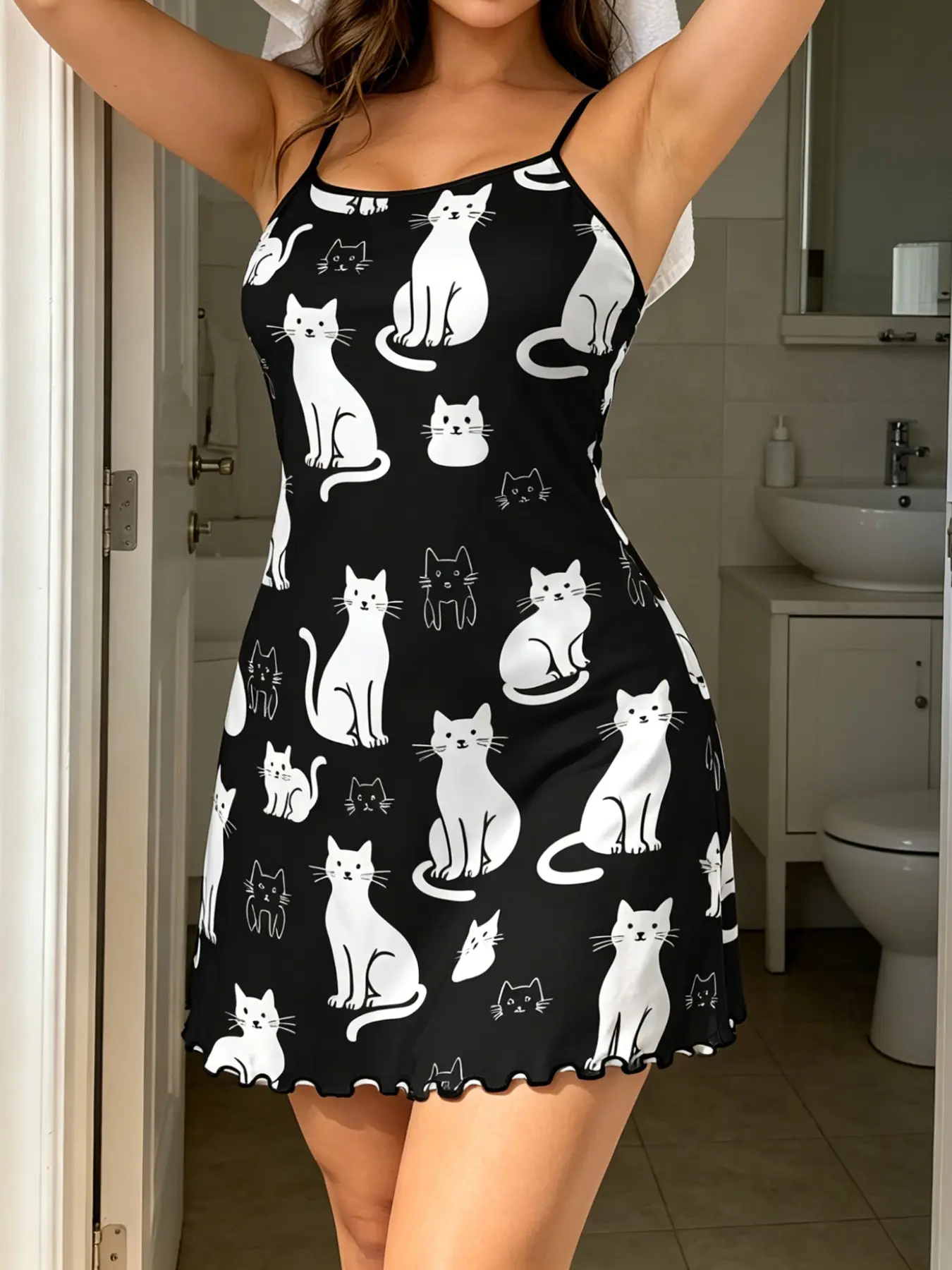 Cat Print Nightdress, Sleeveless Sexy Summer Sleepwear, Slim-Fitting H-Type, All-Over Print, Perfect for Home Comfort