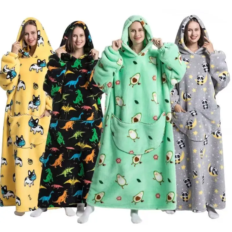Cozy Animal Print Hoodie Blanket - Oversized Wearable Sherpa Throw with Giant Pocket, Cute Sloth & Penguin Design for Christmas & Halloween Gifts (320GSM Plush)