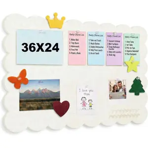 Scalloped Bulletin Board, 36x24 Scalloped Felt Bulletin Board, 3' by 2' Trifold Foldable Picture Display with 20 Pins & 5 Cute Decors - Beige