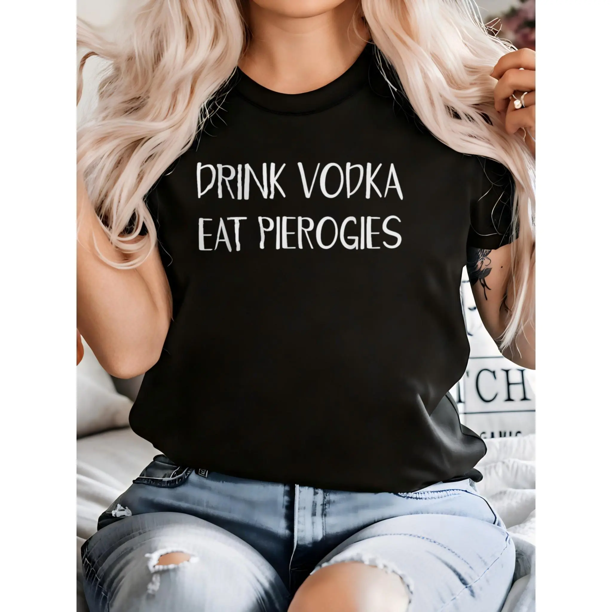 Women's 100% Cotton Short-Sleeve Fitted Casual T-Shirt - Funny Polish Pierogi & Vodka Digital Print, Round Neck, Sporty Chic Basics, All Seasons Fashion Apparel for Thanksgiving, Valentines Day
