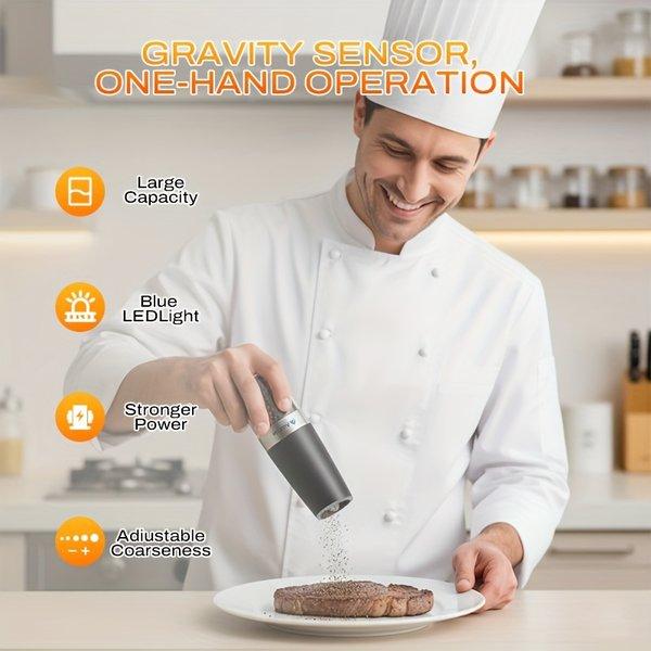 Electric Salt and Pepper Grinder Set 2 Pack – Automatic Gravity Sensor, Adjustable Coarseness, LED Light, One Hand Operation, Kitchen Spice Grinders