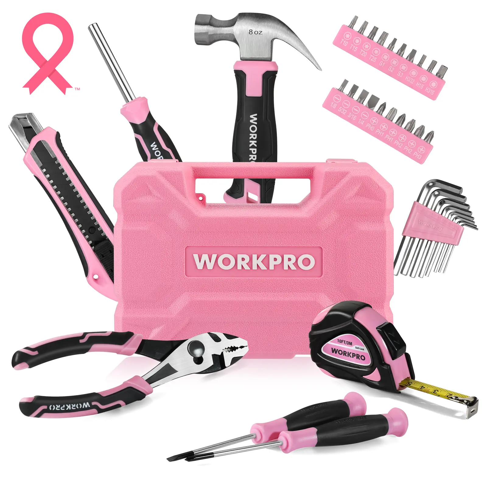#fathersdaygift WORKPRO 35-Count Pink Tools Set, Household Tool Kit with Storage Toolbox, Basic Tool Set for Home, Garage, Apartment, Dorm, New House, Back to School, and as a Gift - Pink Ribbon