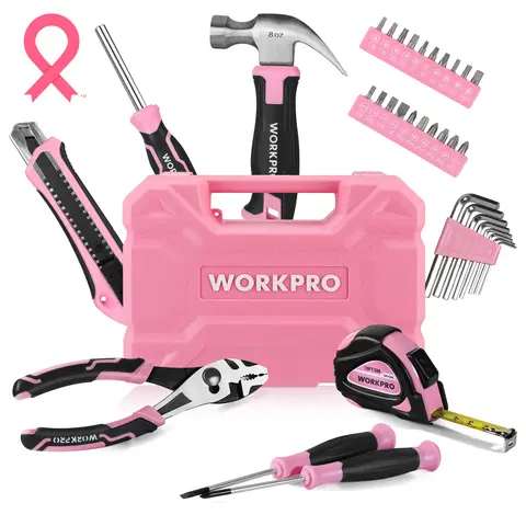 #toolupgrade WORKPRO 35-Count Pink Tools Set, Household Tool Kit with Storage Toolbox, Basic Tool Set for Home, Garage, Apartment, Dorm, New House, Back to School, and as a Gift - Pink Ribbon