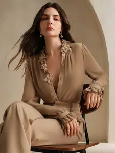 Elegant Sequined Beaded Women's Blouse Shirt Top, Slim-Fitting Plain Design, All Seasons Wear, Fashionable Ladies' Clothing