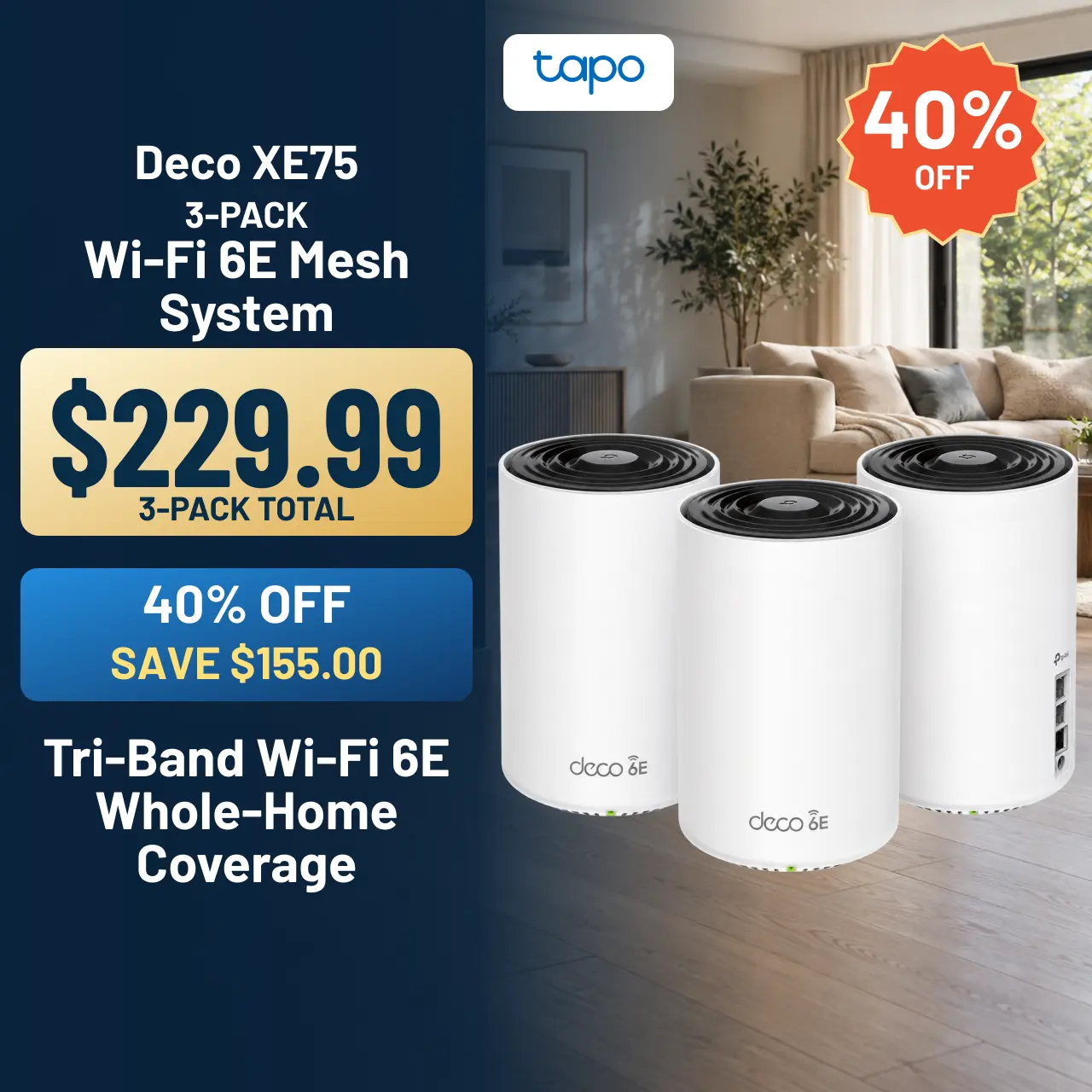 TP-Link Deco XE75 (3-Pack) AXE5400 Tri-Band Wi-Fi 6E Mesh System - High Speed WiFi, 6 GHz Band, 7200 Sq.Ft Coverage, AI-Driven, Engadget Rated Best for Most People, Replaces Router & Extender, Supports 200+, 3.5 lbs, 4.13x4.13x6.65 in, Back to School