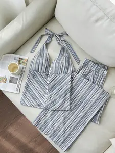 Women's Casual Striped Blazer Set, Button Neck Tie Vest & Loose Long Pants, Office Wear, Spring Summer, Daily