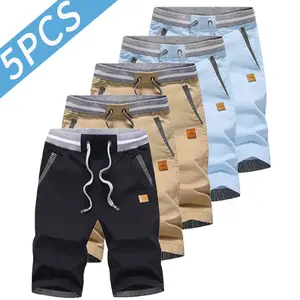 Men’s casual shorts 5-pack featuring color-block stripes and leather tag design; color-block waistband, straight-leg workwear style, versatile multi-color shorts set