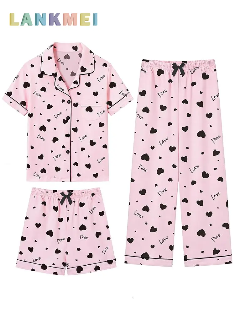 LANKMEI Girls' 100% Cotton 3-Piece Short Sleeve Pajama Set - 5-14 Years, Skin-Friendly, Breathable, Elastic Waistband, Kids' Sleepwear & Loungewear for Sleeping, Pajama Parties
