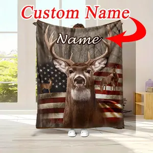 Personalized Deer & Flag Flannel Throw Blanket - Soft, Warm, and Customizable for Naps, Camping, Travel |   Ideal Christmas Gift for Family and Friends, Christmas Decor