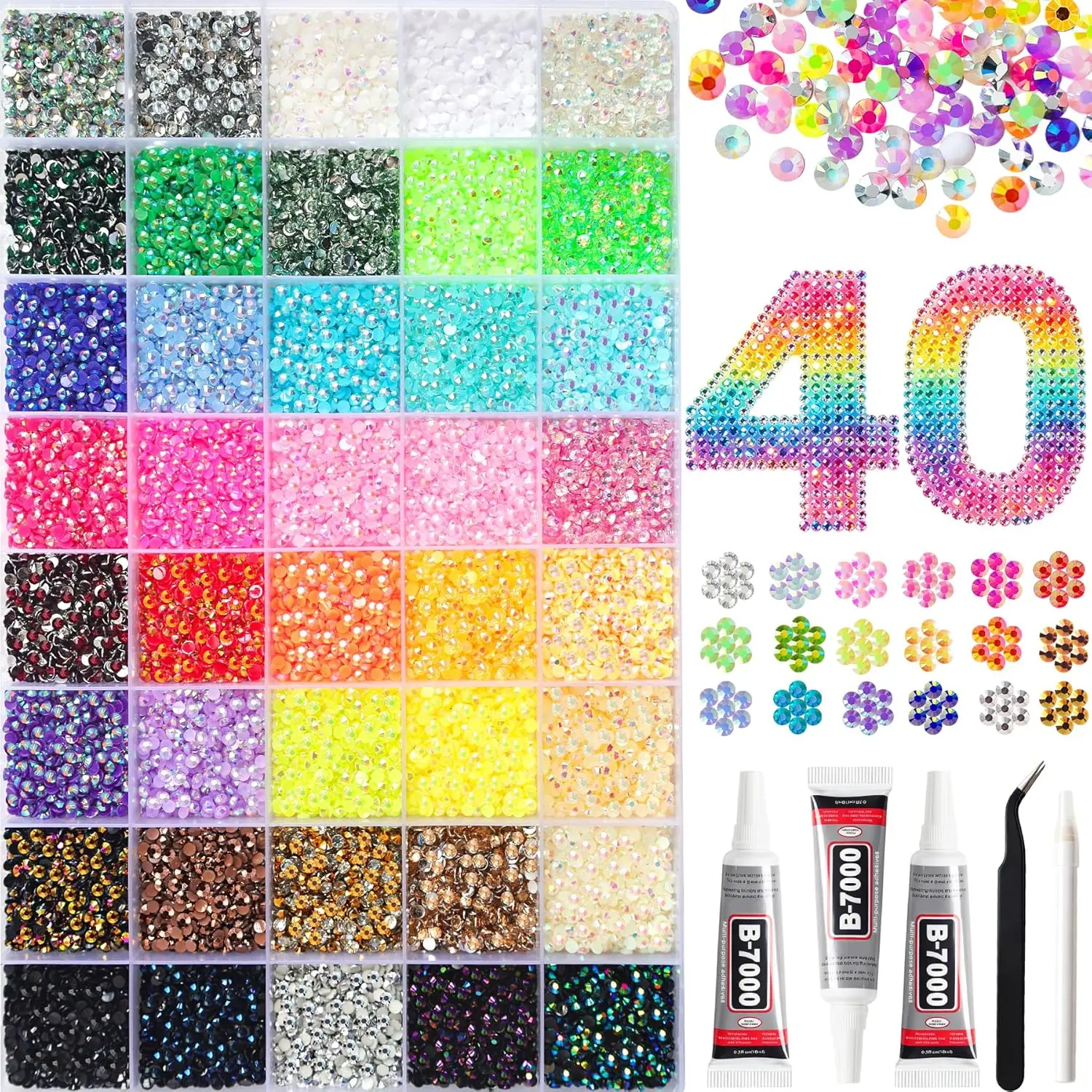 50000Pcs 3mm 40 Jelly Colors Resin Flatback Rhinestones Bedazzler Kit, with 3Pcs B7000 Jewelry Glue for Nail Art, DIY Crafts, Diamond Art Projects