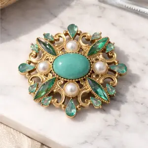 Vintage Style Green Brooch with Emerald Color Crystal & Pearl Floral Design Elegant Statement Jewelry Gift for Her
