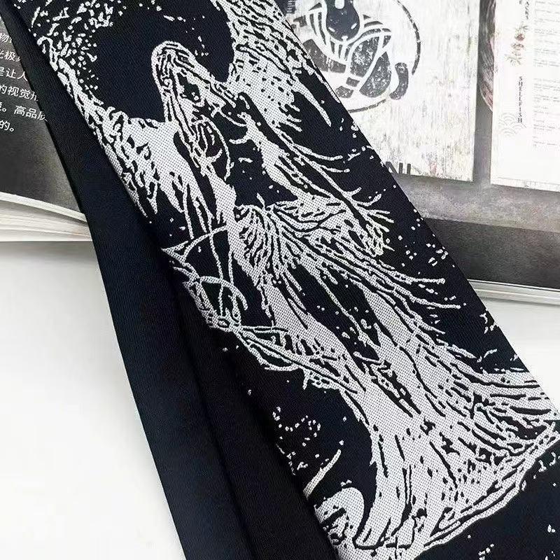 Unisex Normal Type Gothic Hell Embroidery Necktie, Black Punk Aesthetic Handcrafted Tie, Edgy Statement Accessory for Men-Women, 7x146cm Hand Tie, Embroidered Goth, Accessories