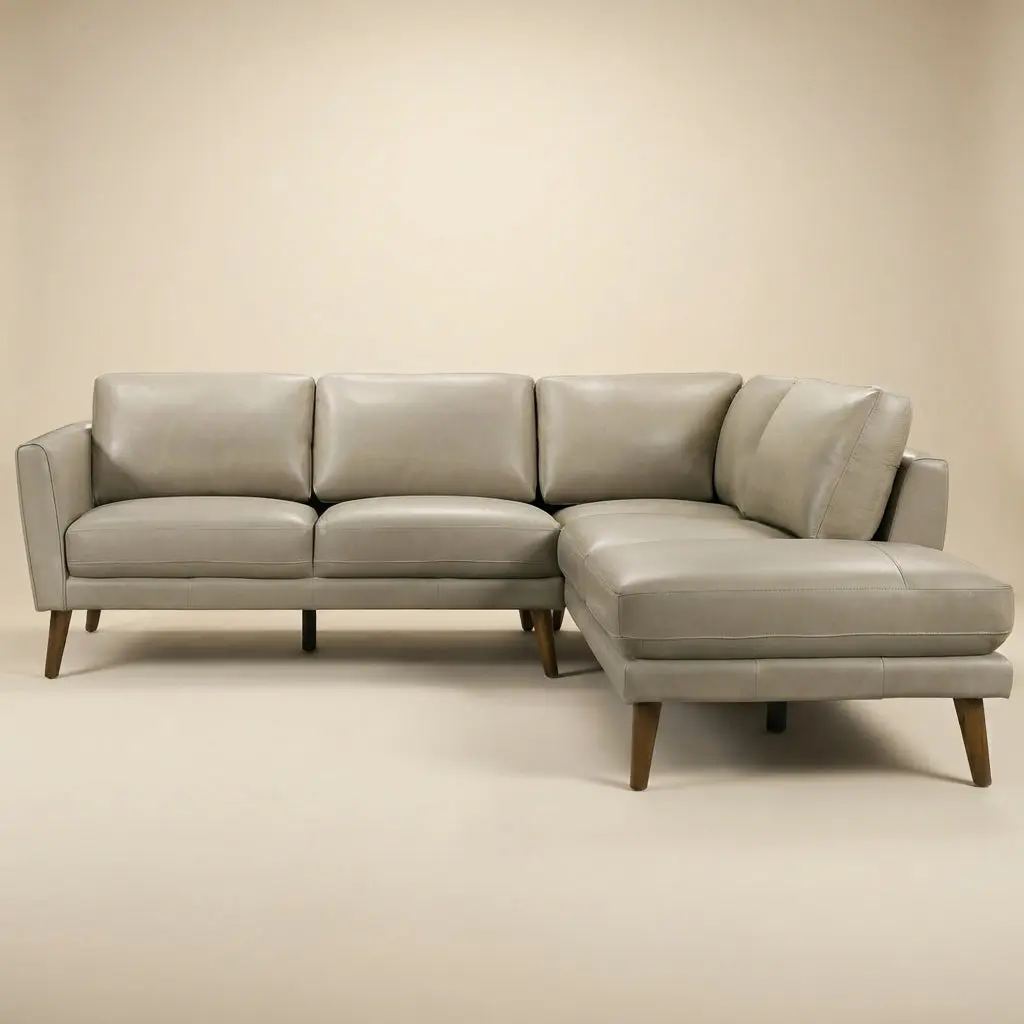 Bexley Beige Leather Sectional Sofa Right Facing Chaise